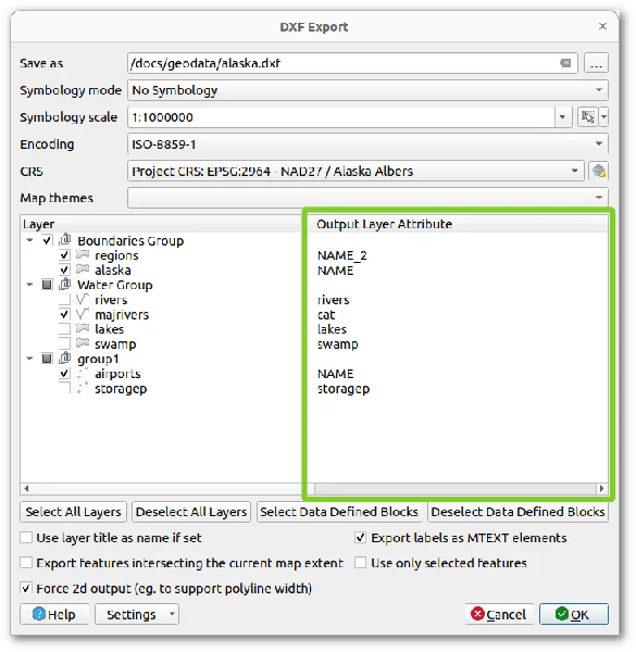 DXF Export, output layer attribute