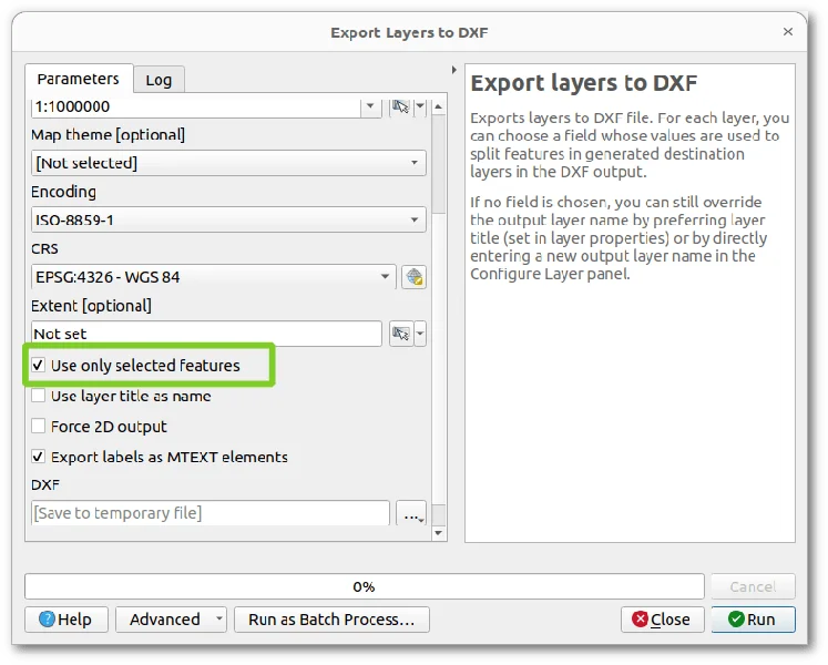 DXF Export algorithm, use only selected features